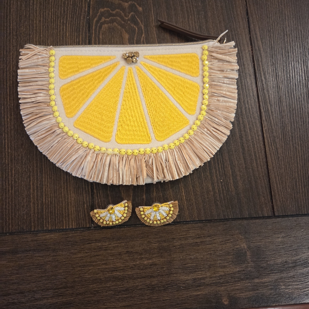 Stella and Dot Lemon Slice Raffia Fringe Beaded Clutch Bag Pouch & Earrings